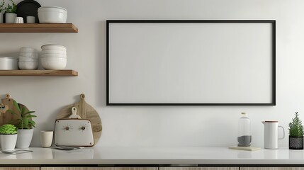 Modern Kitchen Cabinet Shelf Mockup with Glossy Black Border Frame on Wall Background - 3D Rendering