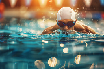 A determined Olympic swimmer wearing goggles and a swim cap is captured mid-stroke, cutting through the water in a competitive swimming pool.
