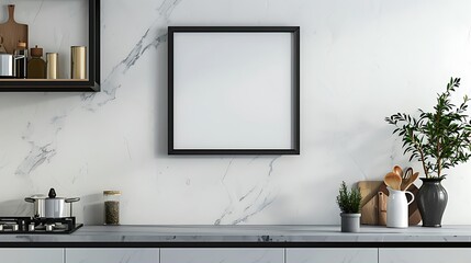 Modern Stylish Black Border Frame Mockup on Kitchen Cabinet Shelf against Wall Background - 3D Rendering