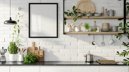Modern Kitchen Cabinet Shelf Mockup with Glossy Black Border Frame on Wall Background - 3D Rendering