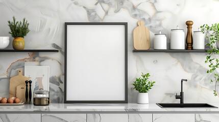 Modern Kitchen Cabinet Shelf Mockup with Glossy Small Size Black Frame on Wall - 3D Rendering