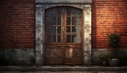 Obraz premium A door with glass panes on the front of a brick building. Red brick exterior