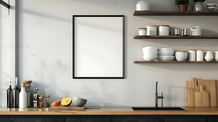 Modern Glossy Frame Mockup on Kitchen Cabinet Shelf - 3D Rendering