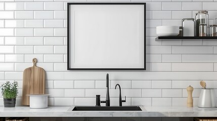 Minimalist Glossy Black Border Frame Mockup on Kitchen Cabinet Shelf - 3D Rendering