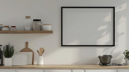 Minimalist Kitchen Cabinet Shelf Mockup with Glossy Black Border Frame on Wall Background - 3D Rendering