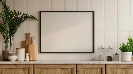 Modern Glossy Black Border Frame Mockup on Kitchen Cabinet Shelf with Wall Background - 3D Rendering