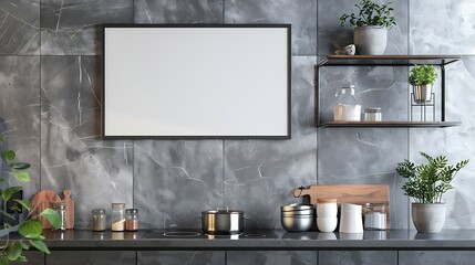 Modern Glossy Black Border Frame Mockup on Kitchen Cabinet Shelf with Wall Background - 3D Rendering