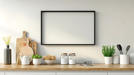 Modern Black Border Frame Mockup on Kitchen Cabinet Shelf - 3D Render with Glossy Finish | Interior Design Concept