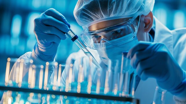  A scientist in a lab, wearing a white lab coat and a face mask, holding a test tube filled with a clear liquid, examining it under a microscope - Powered by Adobe