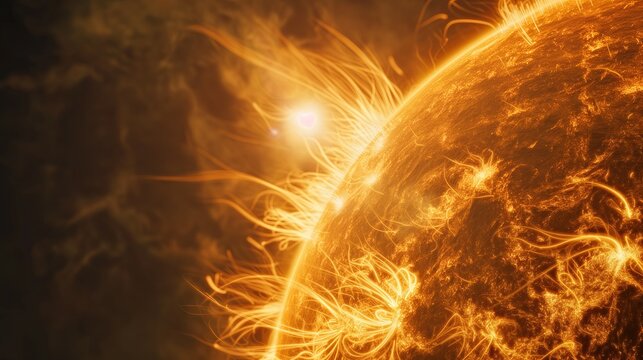 The sun, which looks like a bright yellow fireball with bursts of solar energy. Magnetic storms and solar activity, headaches and weather dependence