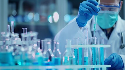 A scientist in a lab coat and gloves is working with test tubes. Conducts medical laboratory tests and medical tests