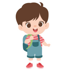 Cute happy dark-haired boy in denim overalls with backpack ready go to school. Cartoon Vector illustration isolated on white background