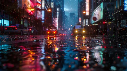 A 3D render of a rainsoaked downtown area, with reflections of buildings and lights on the wet pavement