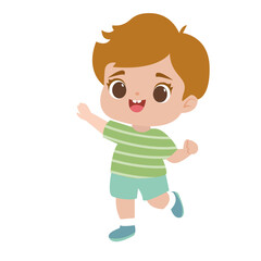 cute little red-haired boy is running or jumping. Vector cartoon illustration isolated on white background
