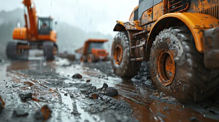 A rainy day at a construction site, 3D render of a muddy road with construction vehicles and equipment