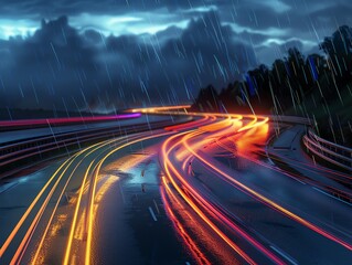 A rainy highway at night, 3D render with headlights and taillights creating colorful streaks