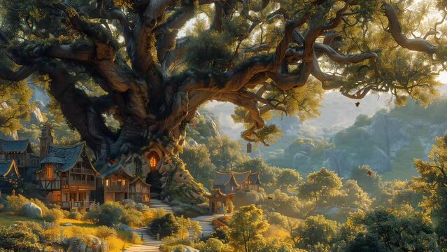 Fantasy village of elves under a giant oak tree, international elf day. Looping time-lapse video background