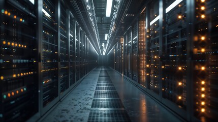 Fototapeta premium A long corridor in a data center with servers on both sides, illuminated by rows of small lights.