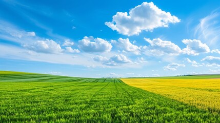 Naklejka premium Natural landscape with green grass, field of Golden ripe wheat and blue sky with horizon line. Colorful summer panorama of combination of yellow and green fields.