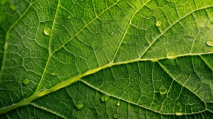 Obraz premium Beautiful green leaf with water drops close up, macro photo of nature background in the style of nature