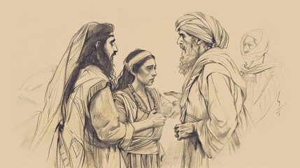 Obraz premium Biblical Illustration of Genesis 20: Abraham's Encounter with Abimelech, Misunderstanding about Sarah, God's Protection on Beige Background with Copyspace for Themes of Trust and Integrity