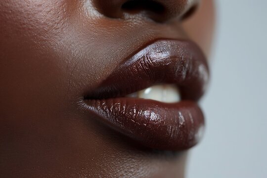 Close-up of a beautiful woman's mouth. A shot of an African-American woman with glossy ajar lips Dark skin. Plump full lips. Close-up detail of the face.