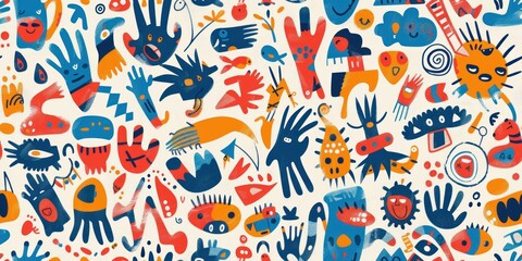 Naklejka premium Vibrant and Playful Cartoon Pattern with Colorful Characters and Whimsical Design