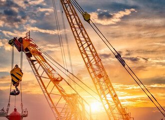 Vertical photo of a crane at sunset.