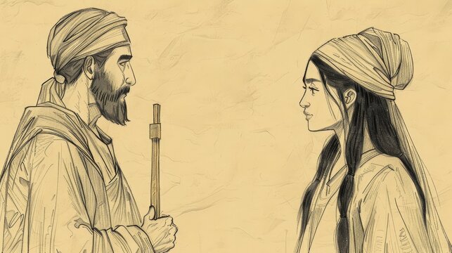 Biblical Illustration of Genesis 24: Eliezer's Journey to Find Wife for Isaac, Meeting Rebekah at Well, Joyful Union on Beige Background with Copyspace for Themes of Divine Guidance and Marriage