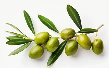 Fresh Green Olives with Leaves Isolated on White Background