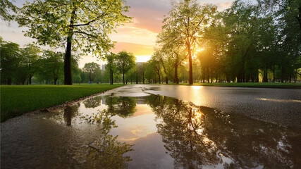 雨上がりの夕暮れの公園　大きな水溜まりの水面に樹木が写っている