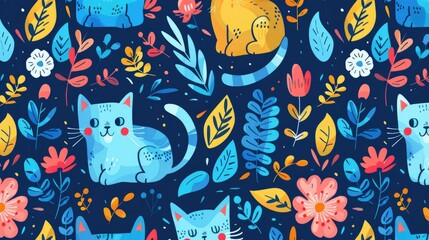 Cheerful pattern of blue cat characters in a seamless cartoon background featuring a lively design with cats and flowers
