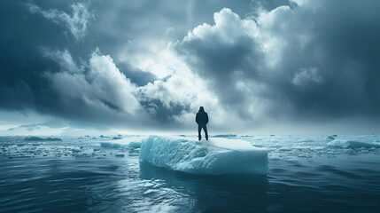 man standing on floating iceberg looking at melting ice, effect of global warming concept