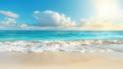 Beautiful beach with white sand and turquoise water in the background of a blue sky with clouds and the sun, banner for a vacation or travel concept.