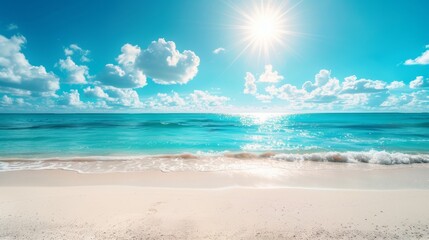 Fototapeta premium Beautiful beach with white sand and turquoise water in the background of a blue sky with clouds and the sun, banner for a vacation or travel concept. 