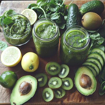Healthy green smoothie with avocado, kiwi, cucumber and spinach.