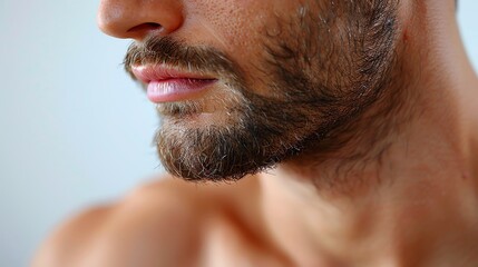 Obraz premium Close-up of a man's bearded face showcasing well-groomed facial hair and smooth skin. Ideal for beauty and grooming concepts.