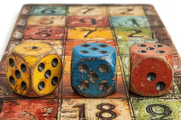 Close-up of three colorful vintage dice on an old board game, showcasing nostalgic and worn gaming pieces with visible numbers and textures.
