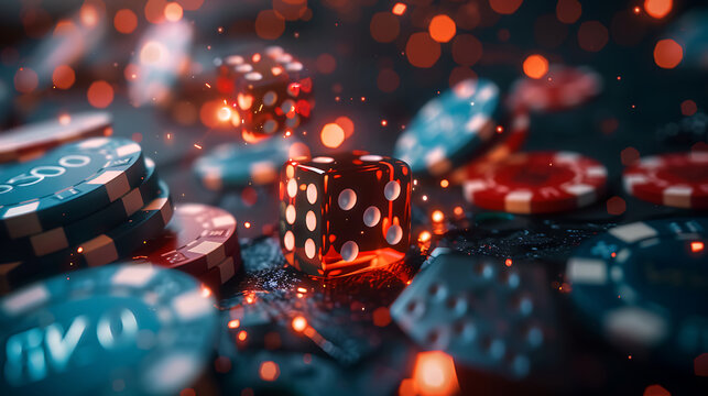 Casino Dice and Chips in Motion  in vibrant colors and glowing sparks create a dynamic and exciting casino atmosphere