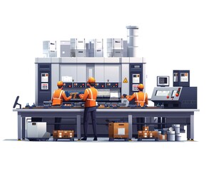 Engineers operating machinery in a modern manufacturing facility, quality control, teamwork, and automation concept.