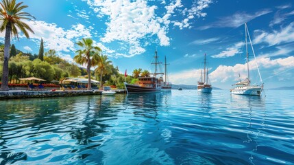 Obraz premium Luxury yachts depart from the clean sandy beach. A gorgeous view of the beautiful backwaters