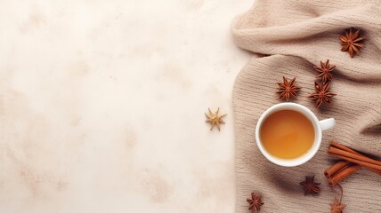 Autumn or winter composition. Gift box Coffee cup, cinnamon sticks, anise stars, beige sweater with knitted blanket on cream color gray fluffy background. Flat lay top view copy space, generative ai