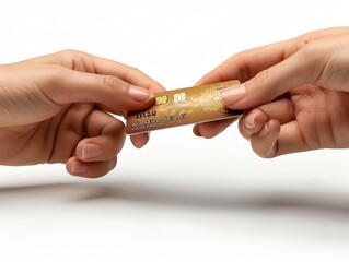 Close-up of two hands exchanging a credit card, representing a financial transaction or online payment, against a white background.