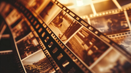 Close-up of vintage film strips with sepia-toned photographs. Concept of nostalgia and memories for poster, wallpaper, and print