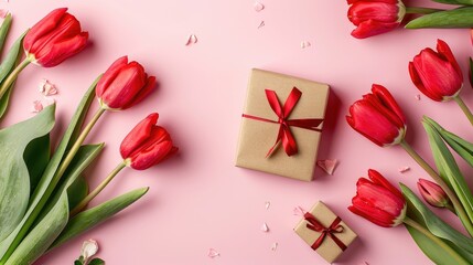 Composition of red tulips with a postcard and a gift box on a pastel pink backdrop