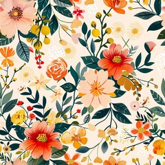Fototapeta premium Seamless natural pattern with a mix of flowers, leaves, and vines, providing a rich and vibrant look for fabric applications