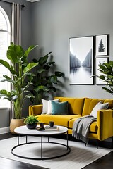 "Living room or reception room with a velvet yellow mustard color sofa. Empty gray wall background for art painted. Modern lounge interior design for office, hotel, or lounge with bright furniture. 3D