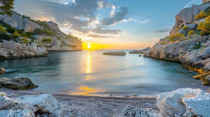 Sunset at Calanque des Eaux Salees or Salt water rocky inlet with Pebble beach and old railway bridge near Marseille France