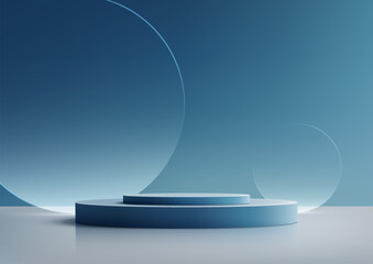 3D blue podium stand with circle glass backdrop is perfect for modern interior concept product display mockups