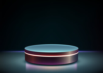 3D Round Metal Podium with Neon Light in Dark Room, Futuristic Technology Concept